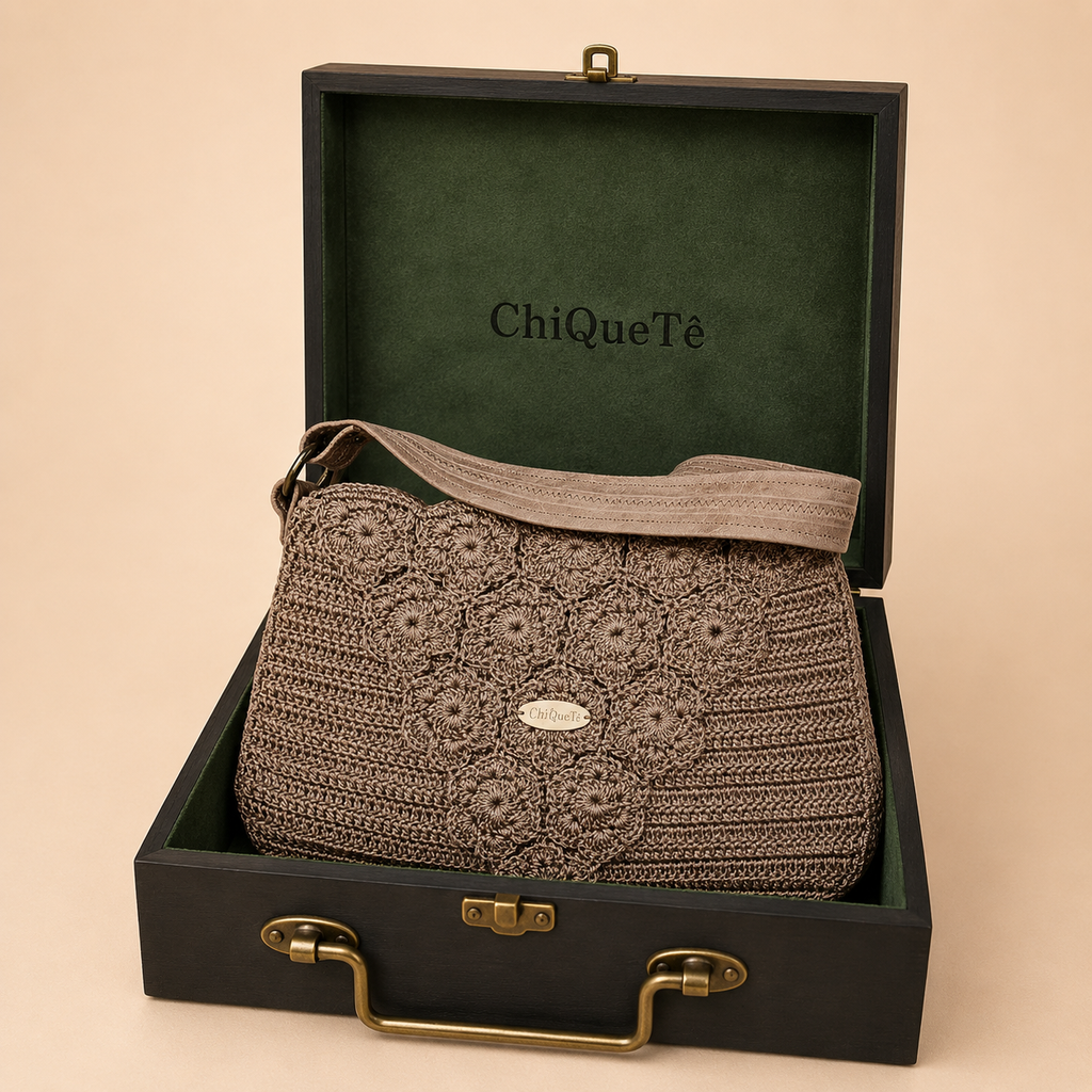 ChiQueTê Handcrafted Floral Crochet Bag with Brown Leather Strap