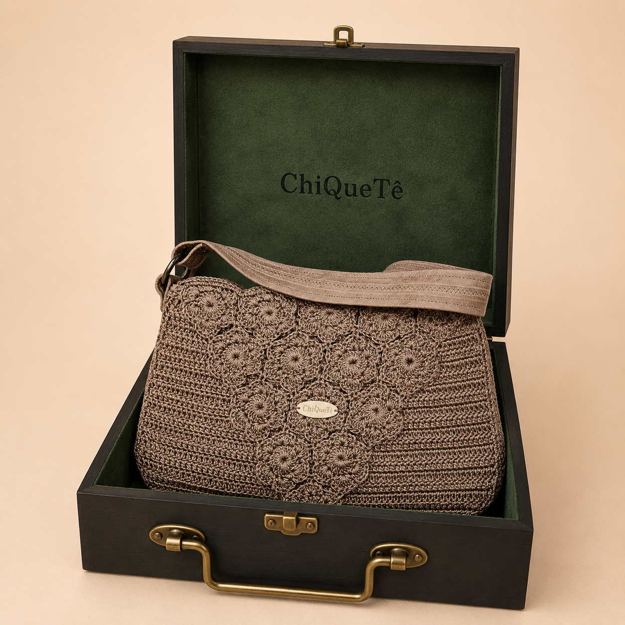 ChiQueTê Handcrafted Floral Crochet Bag with Brown Leather Strap