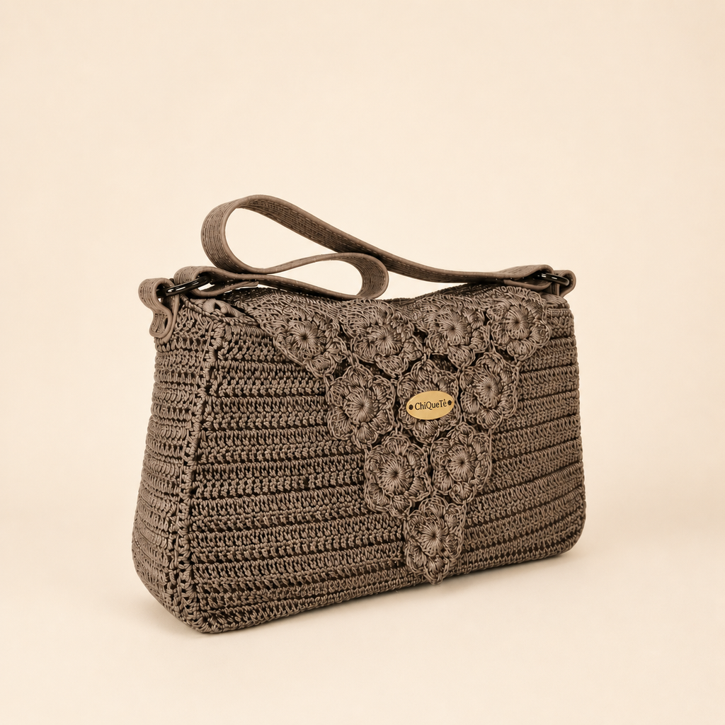 ChiQueTê Handcrafted Floral Crochet Bag with Brown Leather Strap