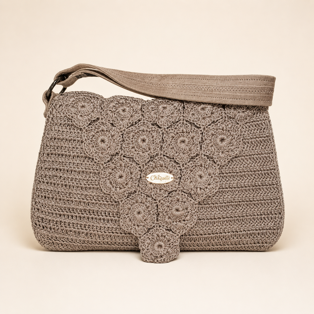 ChiQueTê Handcrafted Floral Crochet Bag with Brown Leather Strap
