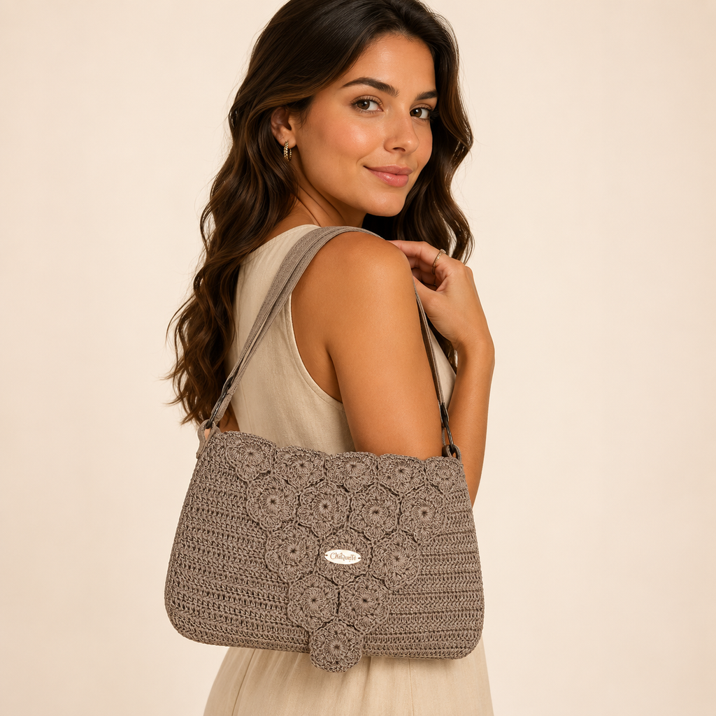 ChiQueTê Handcrafted Floral Crochet Bag with Brown Leather Strap